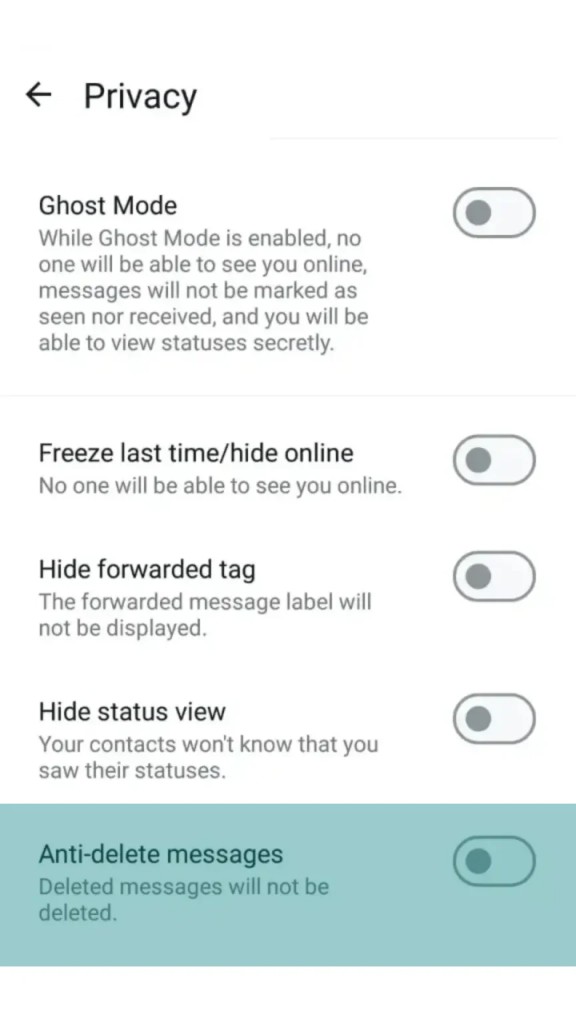 OG WhatsApp Settings in dark mode